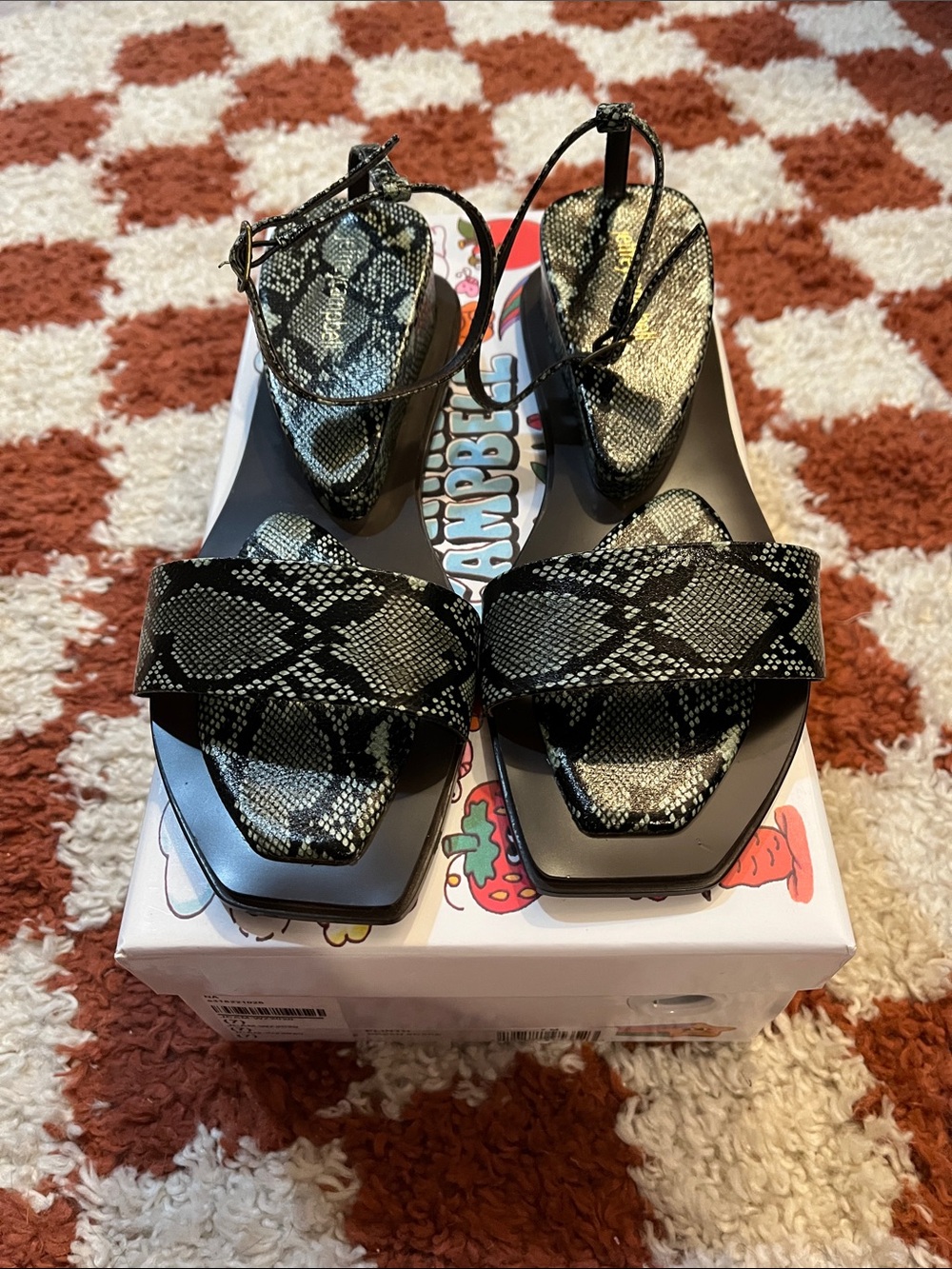 Jeffrey Campbell Plinth Snakeskin Square-Toe Ankle Strap Sandals
